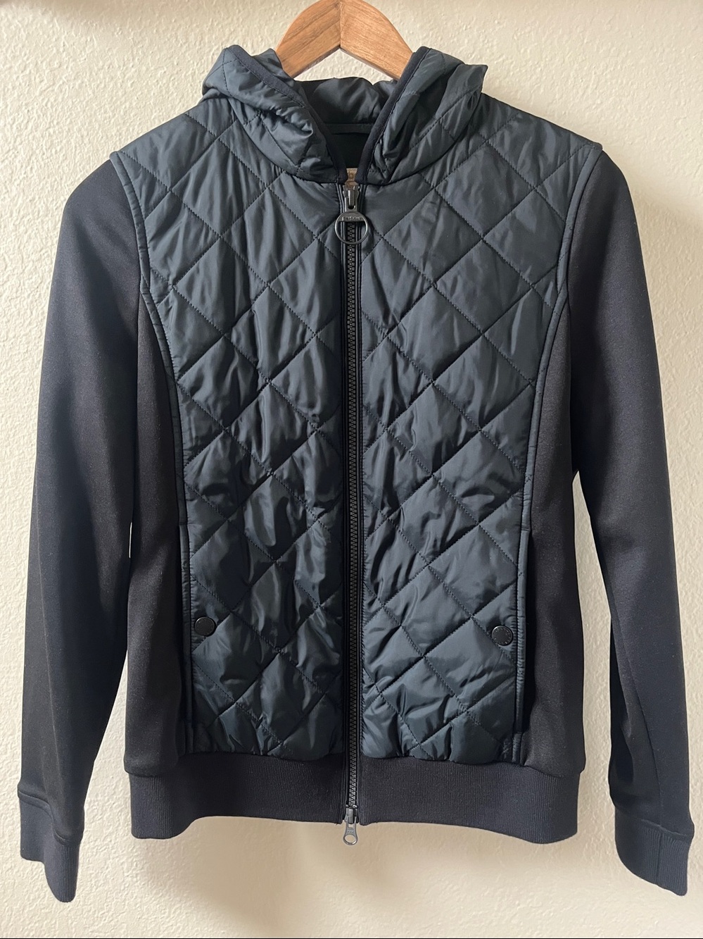 Barbour Brimham Sweat Quilted Front Hooded Bomber Jacket - Black Size 4